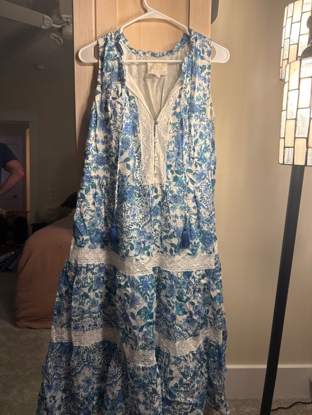 Johnny Was White Maxi Dress with Blue Floral Print and Lace Trim
